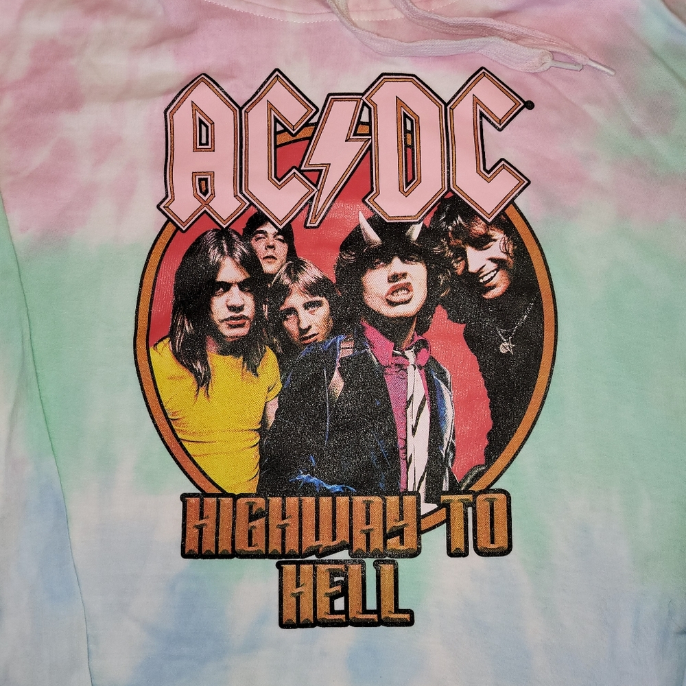 ACDC High Way to Hell Sweater Womens Large Long Sleeve Tie Dye Crop Hoodie New - Picture 3 of 4